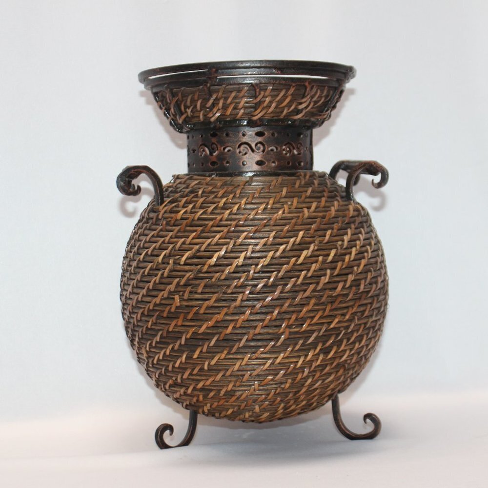 Woven Wicker and Metalic Decorative Vase